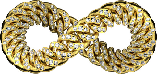 Gold Infinity Cuban Links Chain with Diamonds. Luxury Jewelry, Necklace or Bracelet. Symbol of Eternal Strength, Success and Elegance. 3D isolated illustration