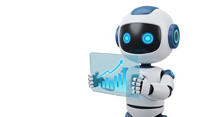 White robot blue accents holding holographic financial chart