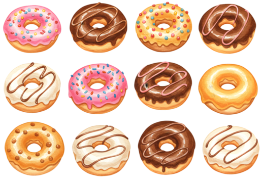 Illustrative Dozen Donuts Collection Isolated With Various Frosting Sprinkles - Powered by Adobe