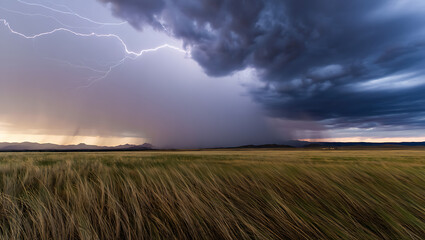 A dramatic lightning strike illuminates the sky above a vast, windswept prairie during a powerful thunderstorm