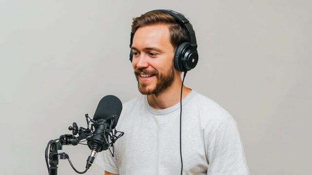 Smiling man recording podcast with microphone and headphones in studio on plain background for audio content