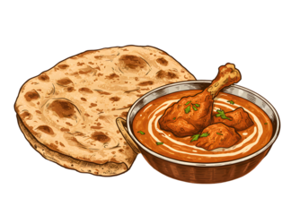 Indian Chicken Curry with Naan Bread Illustration on Transparent Background