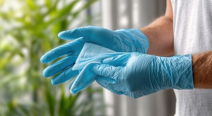 Hands in blue gloves, cleaning with a wipe, near a blurred green plant background