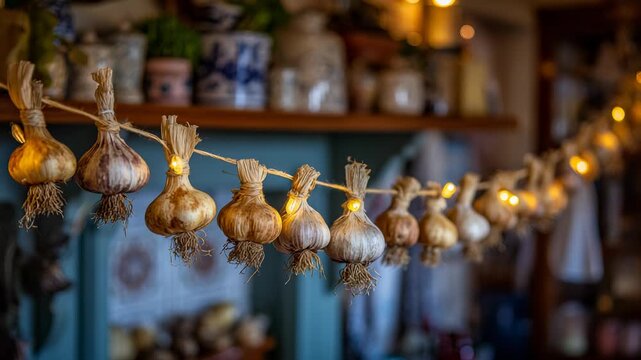Bunches of garlic hanging on a string in rustic kitchen with warm lights