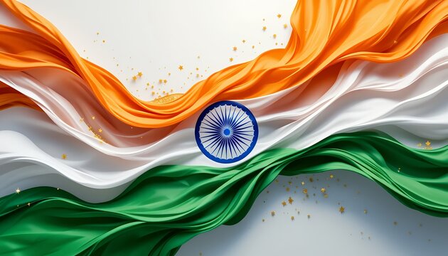 Wavy fabric representation of the indian flag with flowing orange white and green colors featuring
