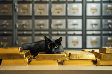 Gold bars in bank safe deposit box room with black cat