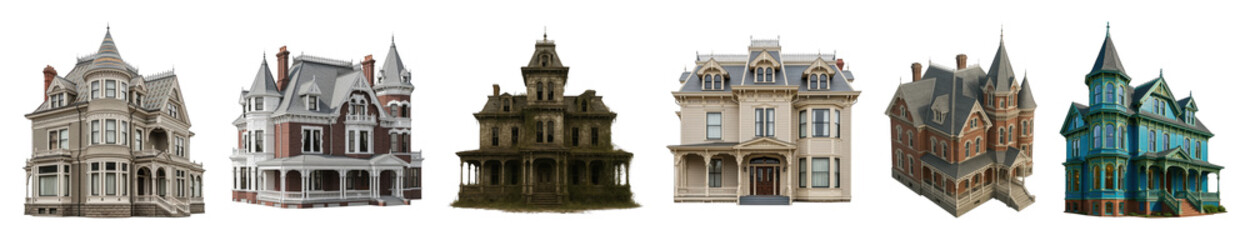 Obraz premium Victorian houses set including classic, ornate, old, colorful, and spooky styles isolated. Architectural design and historical themes.