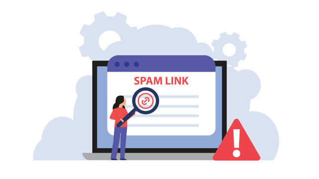 Spam link alert with broken chain, phishing link warning. SEO danger from spam link tactics and spammy links, harmful backlink strategy and low-quality backlinks