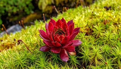 Deep crimson succulent blooms amidst vibrant green moss, a captivating display of nature's artistry.