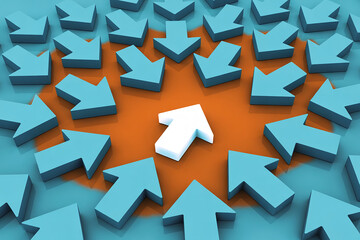 White arrow stands out against many blue arrows