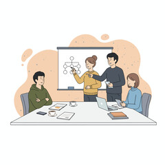 Flat Vector Illustration of Business Activities — Teamwork, Office Work, and Corporate People