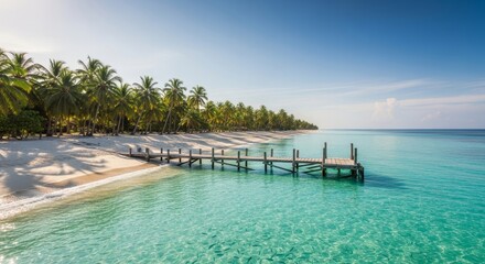 Obraz premium Tropical Beach Paradise with Palm Trees and Wooden Pier.