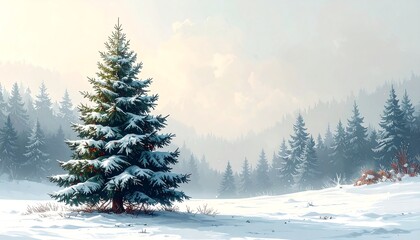 A serene winter landscape showcases a snow-covered evergreen tree amidst a misty forest, bathed in soft sunlight.