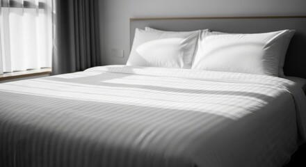 Comfortable Bed with White Linens in a Bright Room.