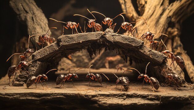 A group of ants work together, forming a living bridge over a gap using their bodies, showcasing their collaborative abilities.