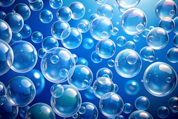 Bright blue bubbles floating and shining in water abstract light background texture