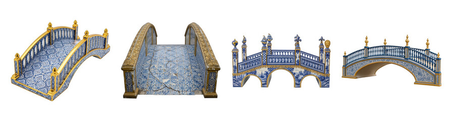 Obraz premium Decorative Azulejo bridge set including traditional, ornate, arched, and aged designs isolated. Cultural architecture elements.