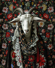 A whimsical goat dressed in vintage embroidered dress and lace bonnet surrounded by artistic flower background