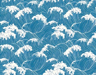 A repeating pattern of stylized ocean waves in a cool blue and white color scheme.