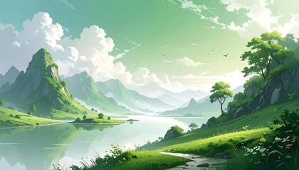 A tranquil landscape painting portrays a serene valley with lush green mountains, a calm lake, and vibrant vegetation.