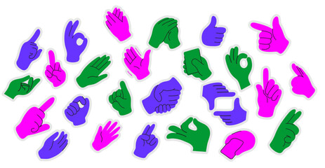A vibrant collection of colorful hand gestures in various positions, including thumbs up, peace sign, and pointing. The hands are depicted in bright pink, green, and purple, creating a playful 