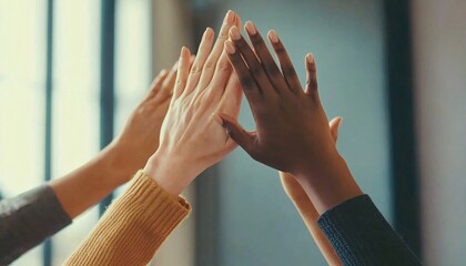 Close-up view of three diverse hands giving a high five, symbolizing collaboration and unity.