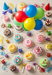 Birthday Party Celebration with Colorful Cakes and Balloons.