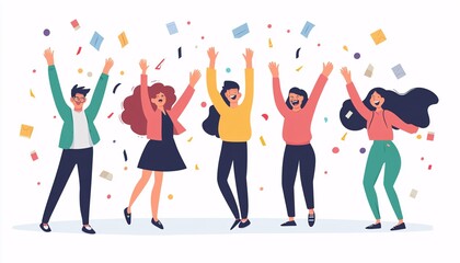 Obraz premium Five cheerful colleagues joyfully raise their hands amidst colorful confetti and papers, expressing their excitement and success.