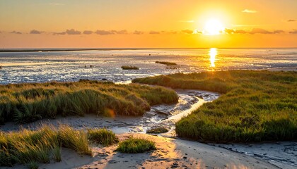 Obraz premium A golden sunset illuminates a tranquil coastal landscape, highlighting grassy marsh land and a calm bay.