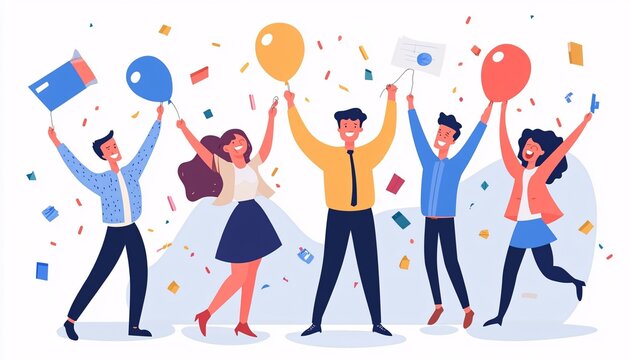 Five cheerful colleagues joyfully celebrate an achievement, holding balloons, confetti, and a certificate, symbolizing teamwork and success.