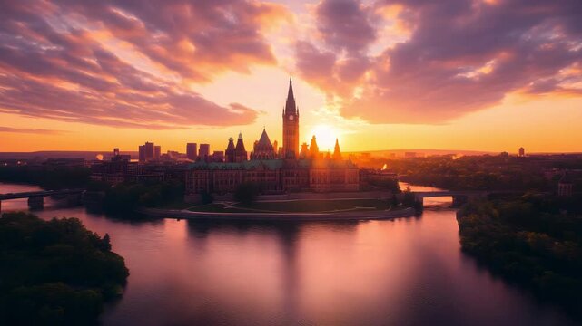 Ottawa skyline from a drone over the riverbanks at sunrise 