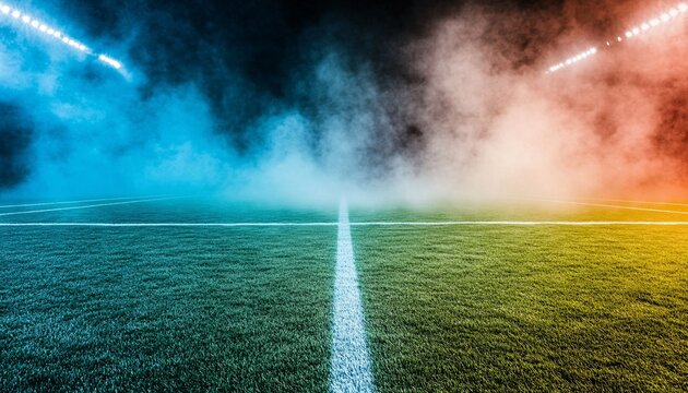 The illustration shows a soccer field's center with white lines, under dramatic blue and orange lighting and smoke.