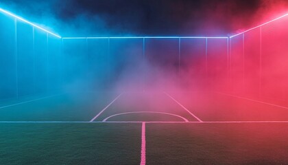 A soccer field is illuminated with blue and red neon lights, and fog fills the space, creating an atmospheric scene.