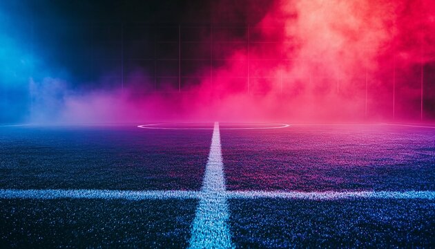 The image shows an artificial turf soccer field with white lines, illuminated by pink and blue lights, creating a smoky atmosphere.