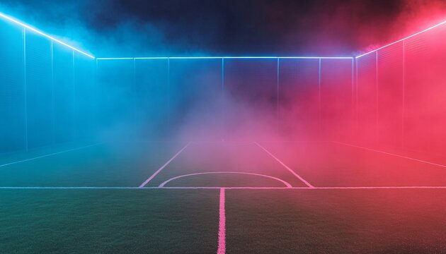 A soccer field is illuminated with blue and red neon lights, and fog fills the space, creating an atmospheric scene.