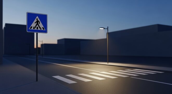 Pedestrian crossing sign and zebra crossing on a street at dusk.