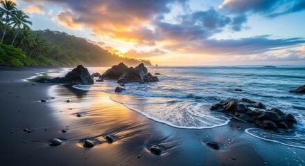 Obraz premium Dramatic Sunset Over a Black Sand Beach with Crashing Waves.