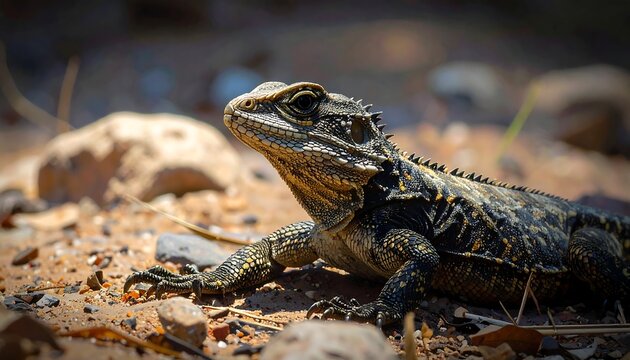 Close-up of a spiny-tailed lizard, showcasing its intricate patterns and textures, basking in the sun on a rocky terrain. - Powered by Adobe