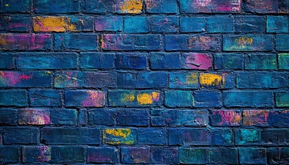 The image shows a brick wall painted dark blue with irregular splashes of pink, purple, yellow, and teal paint on the bricks.