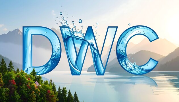 Water-themed logo against tranquil mountain landscape