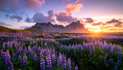 Obraz premium A vast field of vibrant purple lupines blankets a landscape at sunset, with dramatic mountains rising in the background.