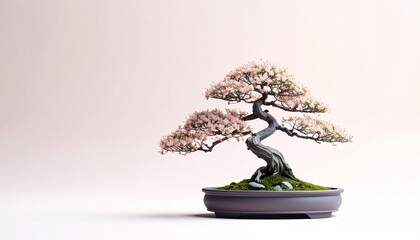Minimalistic artistic pastel peach background with japanese bonsai tree.