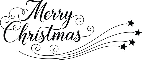 Elegant Merry Christmas Calligraphy Script with Swirls and Stars on White