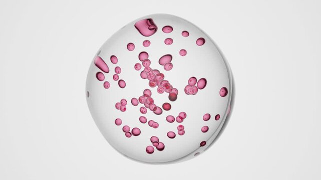 Glossy 3D transparent spheres with pink floating inner particles hovering over reflective ground, abstract seamless loop animation perfect for futuristic medicine, product visuals, and branding.