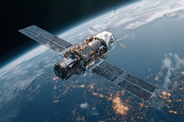 Obraz premium A rusty orbiting spacecraft with extended solar panels, earth with city lights visible