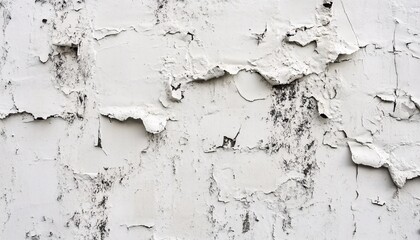 Obraz premium The image shows a close-up view of a wall with white paint that is peeling and cracking, revealing a darker underlayer in places.