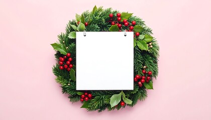 A blank rectangular note sits at the center of a circular Christmas wreath, arranged on a vibrant pink background.
