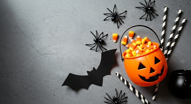 A festive Halloween scene featuring a jack-o'-lantern candy bucket, spiders, and a bat silhouette on a gray surface.