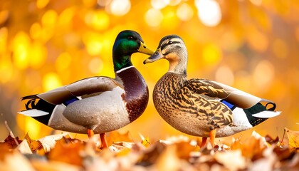 Two ducks face to face in autumn leaves