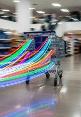 Obraz premium Shopping cart with vibrant colorful light trails in a store.